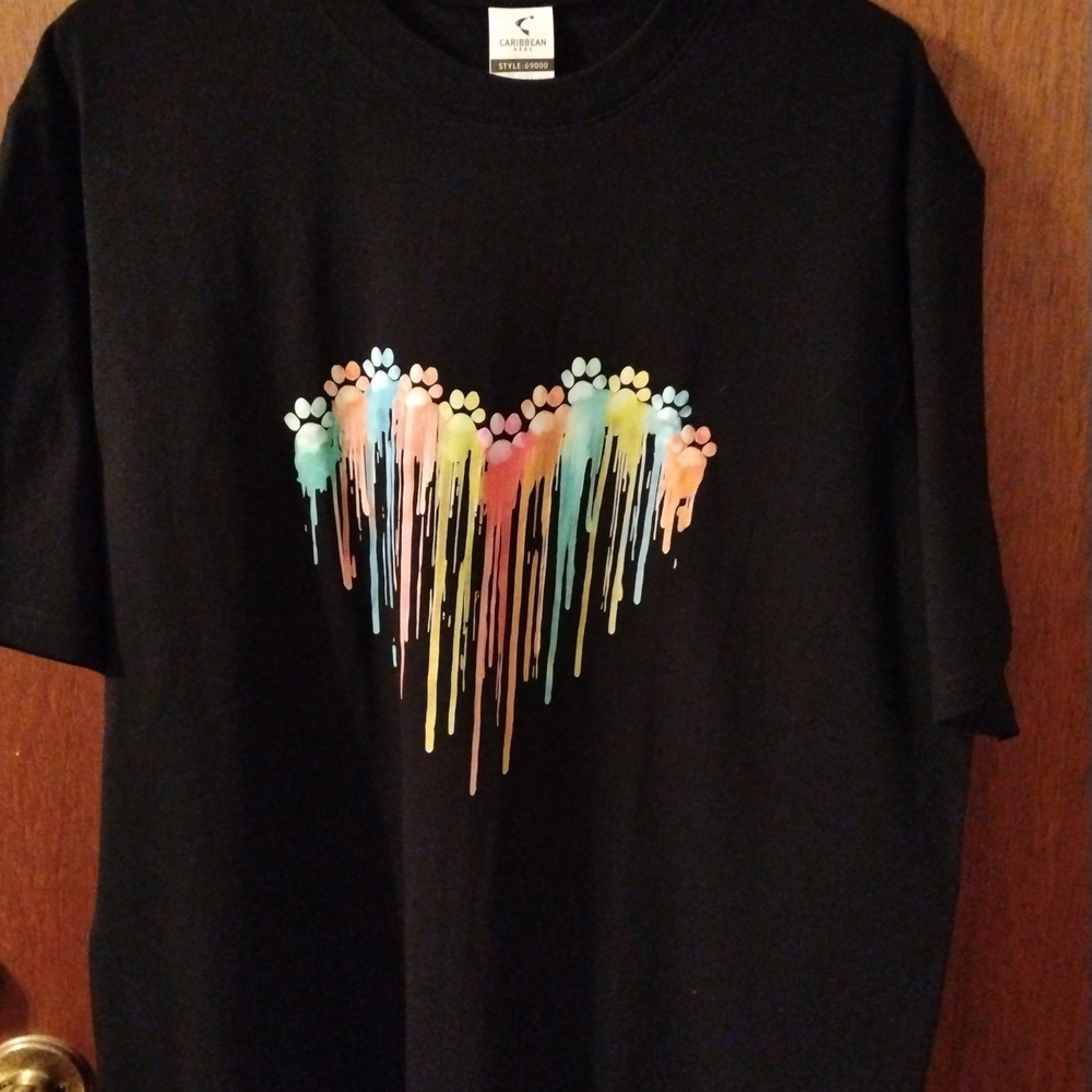 Black T-Shirt with Colorful Pawprint Heart Design XL